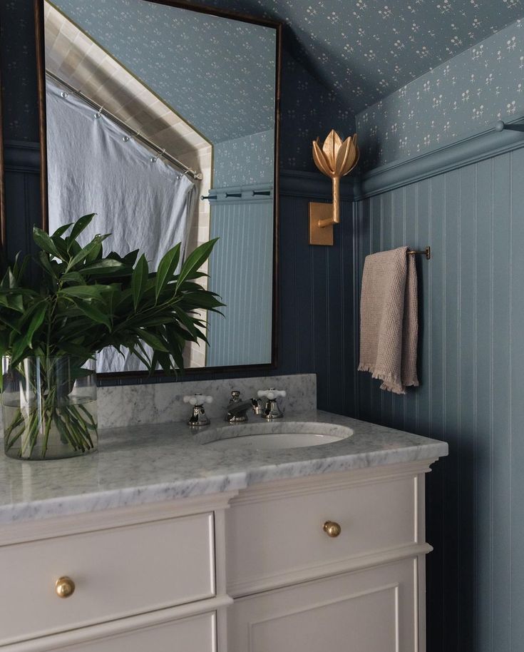 a bathroom with blue walls and white drawers, a plant in a vase on the sink