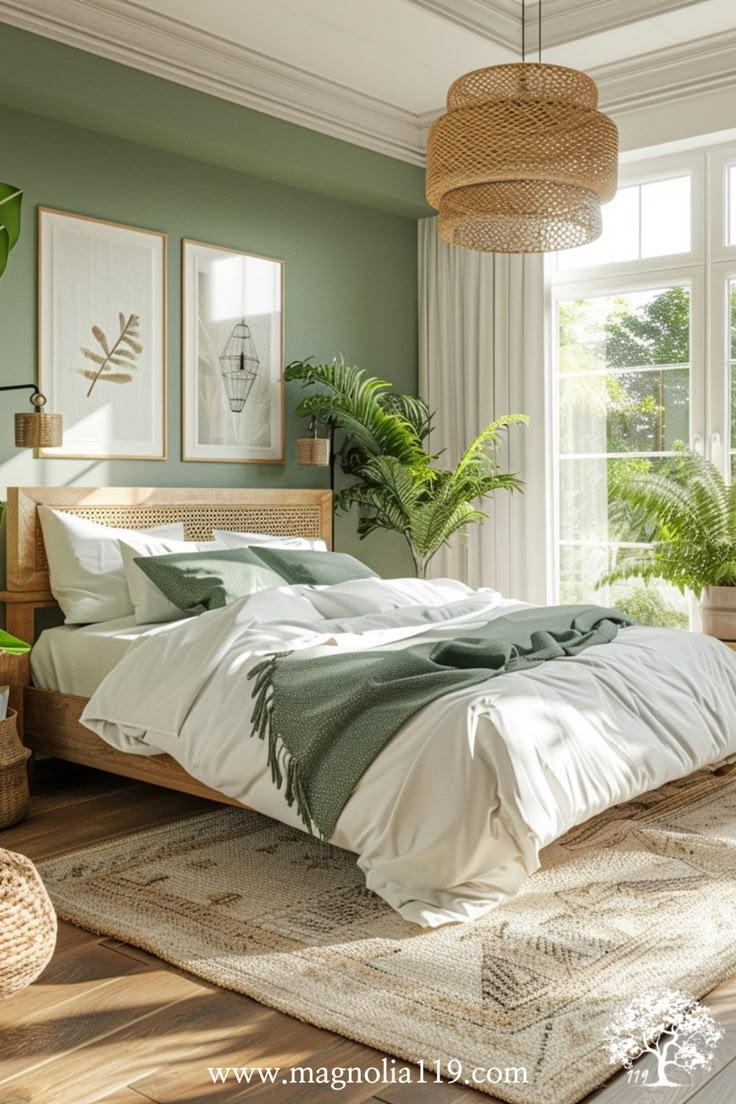 a bedroom with green walls and white bedding in the center is decorated with wicker furniture