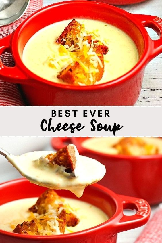 two pictures of soup in red bowls with spoons