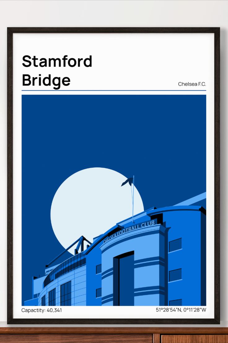 a blue building with a white moon in the sky above it and text that reads stanford bridge