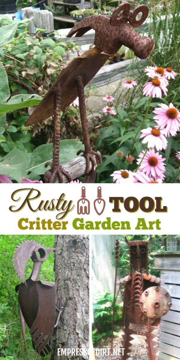 the cover of rusty tool garden art is shown in three different pictures, including flowers and an animal statue