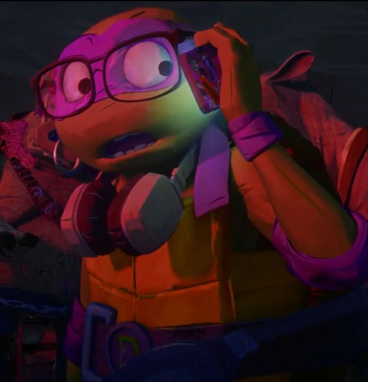 a cartoon character wearing glasses and holding a cell phone to his ear while standing next to another character