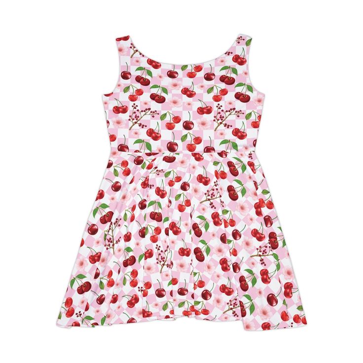 This dress offers both style and comfort with its stretchy fabric. Featuring a red cherry pattern and pink and white checkerboard, accented with delicate floral details. Add a pop of fun to your wardrobe with this playful dress. Whether it's hitting the town or lounging around, this skater dress brings an unmatched flair to any woman's wardrobe. Made with a high-quality, 290gsm fabric blend that is 83% polyester, 17% spandex, it's comfy, stretchy and a perfect match to any occasion. It'll be an Sleeveless White Dress With Fruit Print, Sweet Summer Dress For Picnic, Casual Fruit Print Dresses For Spring, Casual Printed Dresses For Picnic, Casual Printed Dress For Picnic, Casual Sleeveless Fruit Print Dresses, Cute Fitted Sundress For Picnic, Sweet Fitted Sleeveless Dress, Sweet Sleeveless Fitted Dress