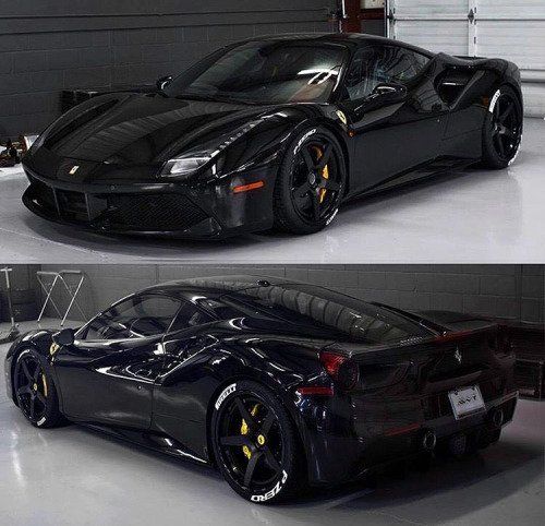 two pictures of a black sports car in a garage