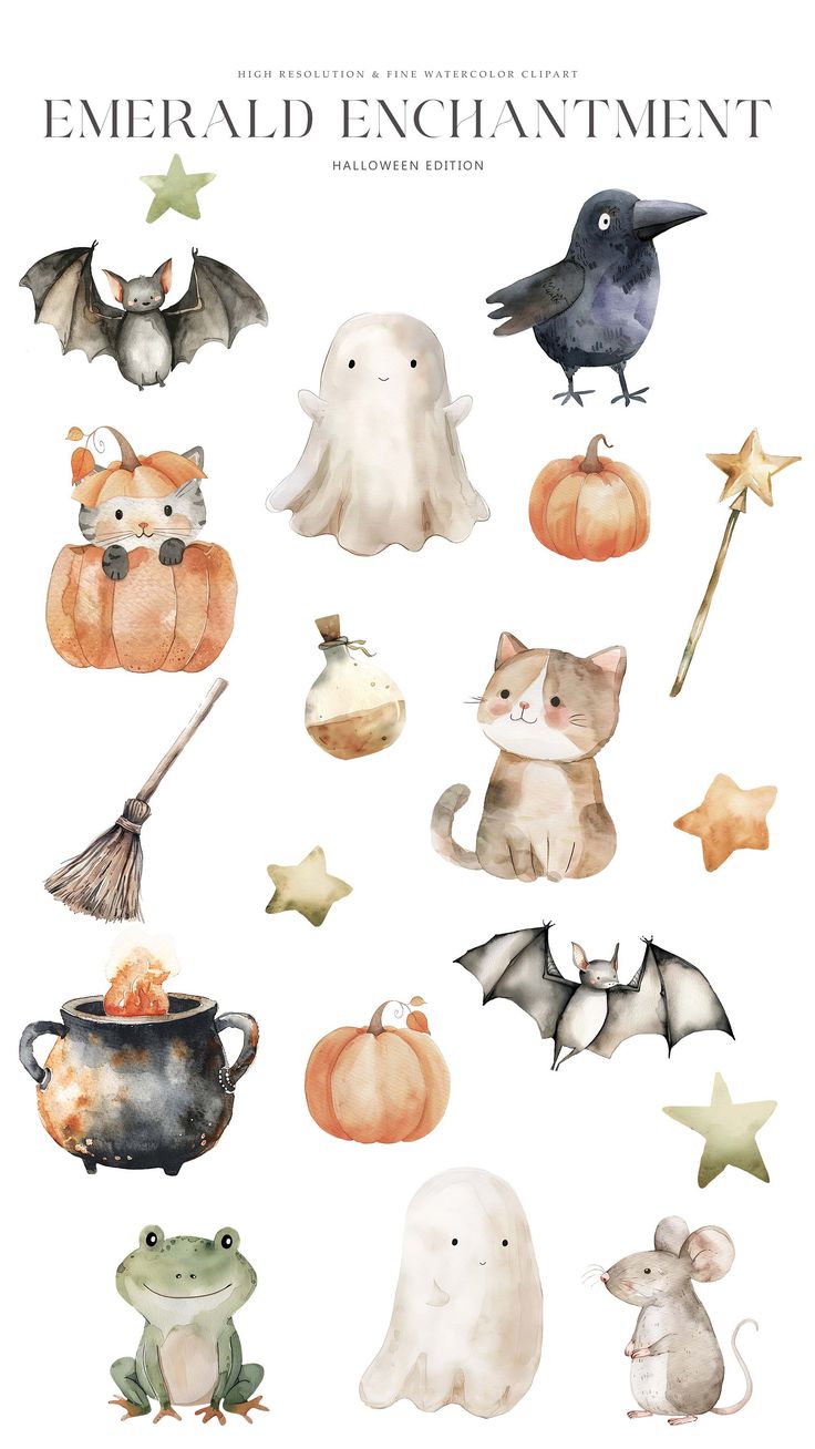 watercolor halloween clipart set with pumpkins, bats, and other items in the background