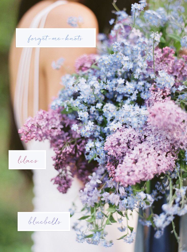 a bride holding a bouquet of purple and blue flowers with the names of each flower