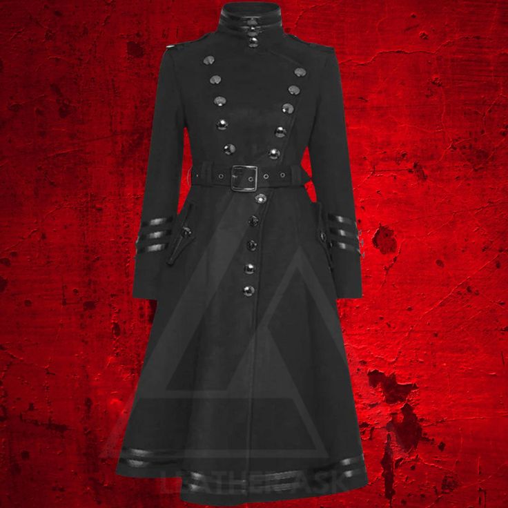 Our Women's Gothic Coat is a symphony of design, featuring intricate detailing and a tailored fit that accentuates the feminine silhouette. The coat boasts a commanding military-inspired aesthetic, complete with ornate buttons and a dramatic collar, perfect for any steampunk aficionado or gothic wardrobe. The luxurious fabric ensures a comfortable wear, while the expert craftsmanship promises a garment that withstands the test of time. Each coat is available in a range of sizes, and we provide a Fitted Long Coat For Halloween, Gothic Fitted Outerwear For Costume, Fitted Gothic Outerwear For Costume, Fitted Long Coat In Punk Style, Edgy Fitted Outerwear For Cosplay, Steampunk Outerwear For Fantasy Events In Fall, Fitted Gothic Outerwear For Fantasy Events, Fitted Punk Outerwear For Cosplay Events, Punk Style Buttoned Outerwear For Costume