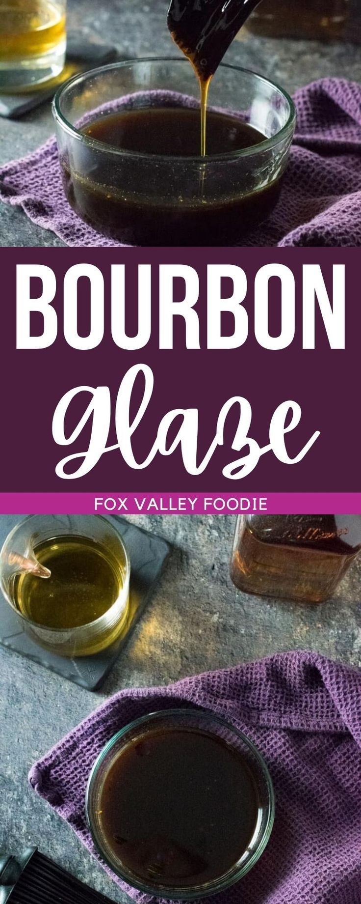 bourbon glass sauce is being poured into a bowl with the words bourbon glass on it