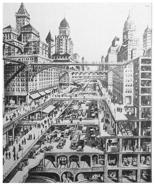 an old drawing of a busy city with lots of tall buildings and people walking on the sidewalk