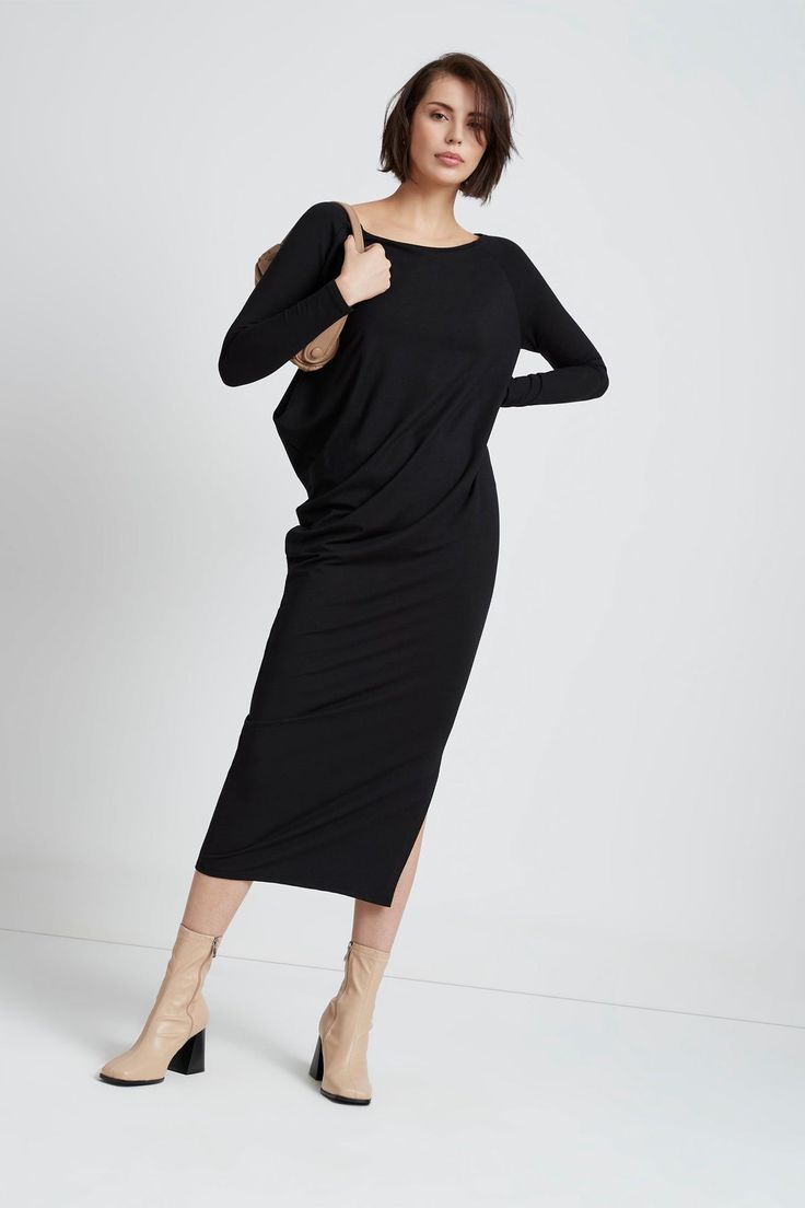 Kensington Dress – Marcella Chic Boat Neck Dresses For Fall, Chic Fall Maxi Dress With Asymmetrical Neckline, Asymmetrical Dress For Fall Daywear, Chic Maxi Dress With Asymmetrical Neckline For Fall, Oversized Asymmetrical Midi Dress, Asymmetrical Dress For Daywear In Fall, Elegant Oversized Asymmetrical Dress, Oversized Dresses With Side Slits, Cocktail Jumpsuit