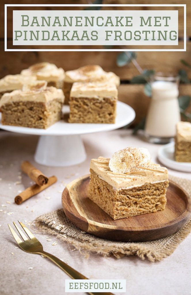 there is a plate with cake on it and the words bananencake met pindakkaas frosting