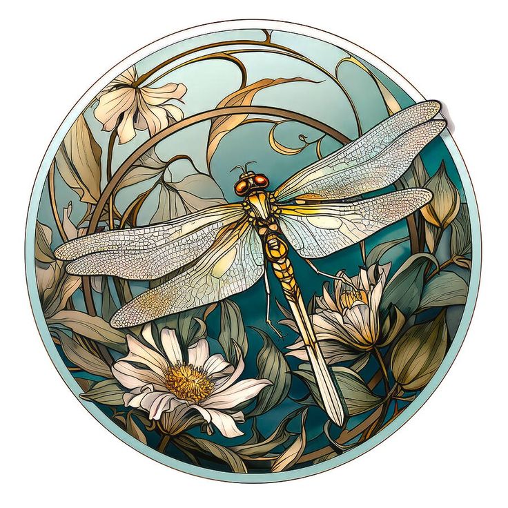 a stained glass window with a dragonfly sitting on it's wings and surrounded by flowers