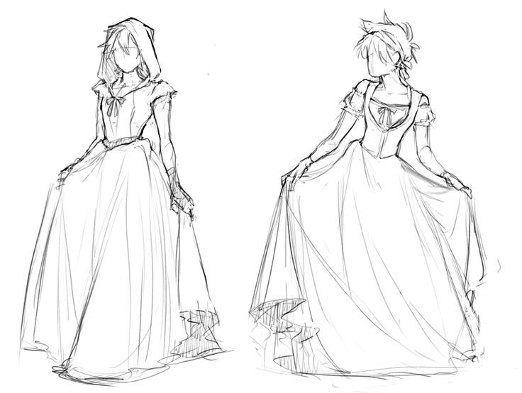 two sketches of women in gowns and dresses