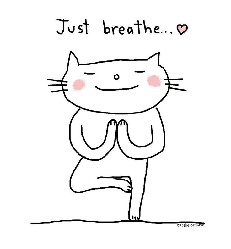 a black and white drawing of a cat with the words just breathe