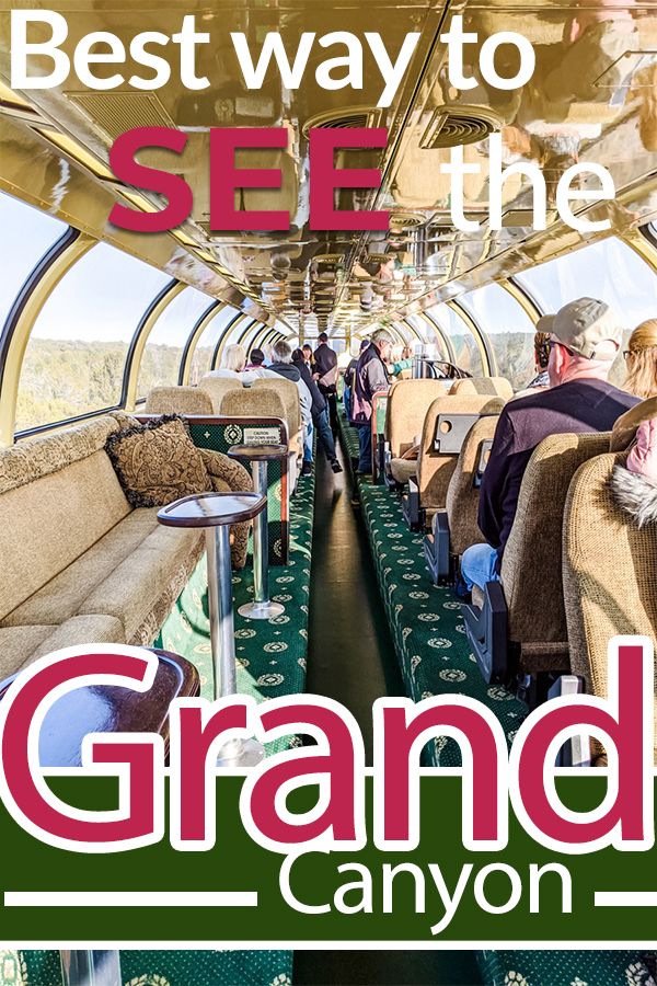 an advertisement for the grand canyon train with people sitting on seats and looking out over the valley