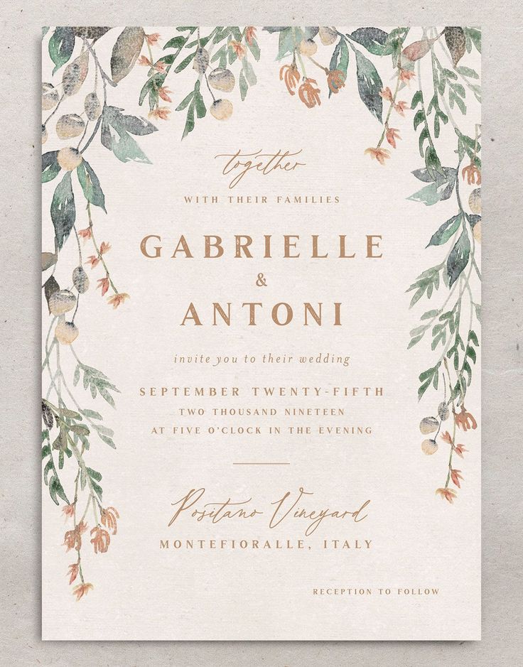 an elegant wedding card with watercolor flowers and leaves