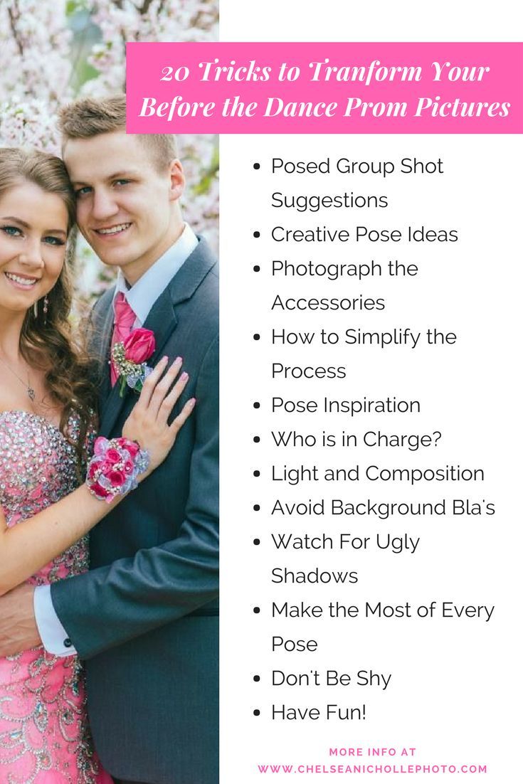 a man and woman posing for a photo with the words 20 tricks to transform your before the dance prom pictures