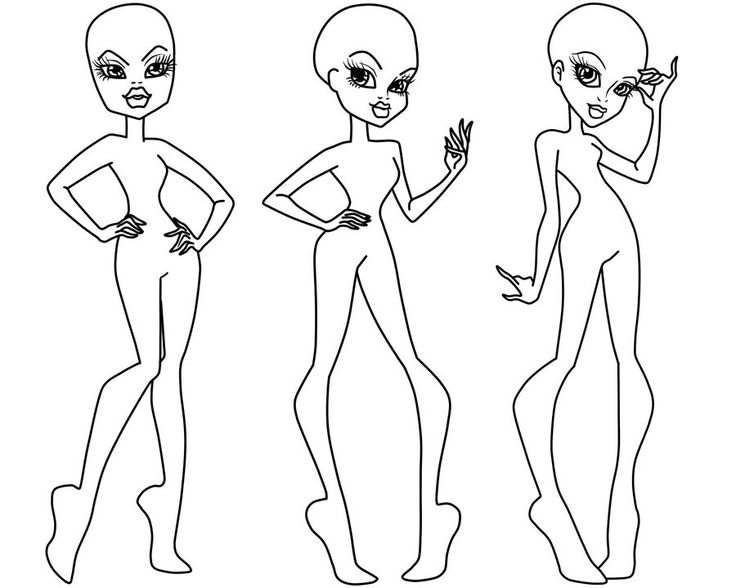 three cartoon alien girls with different body shapes and hair, one in black and white