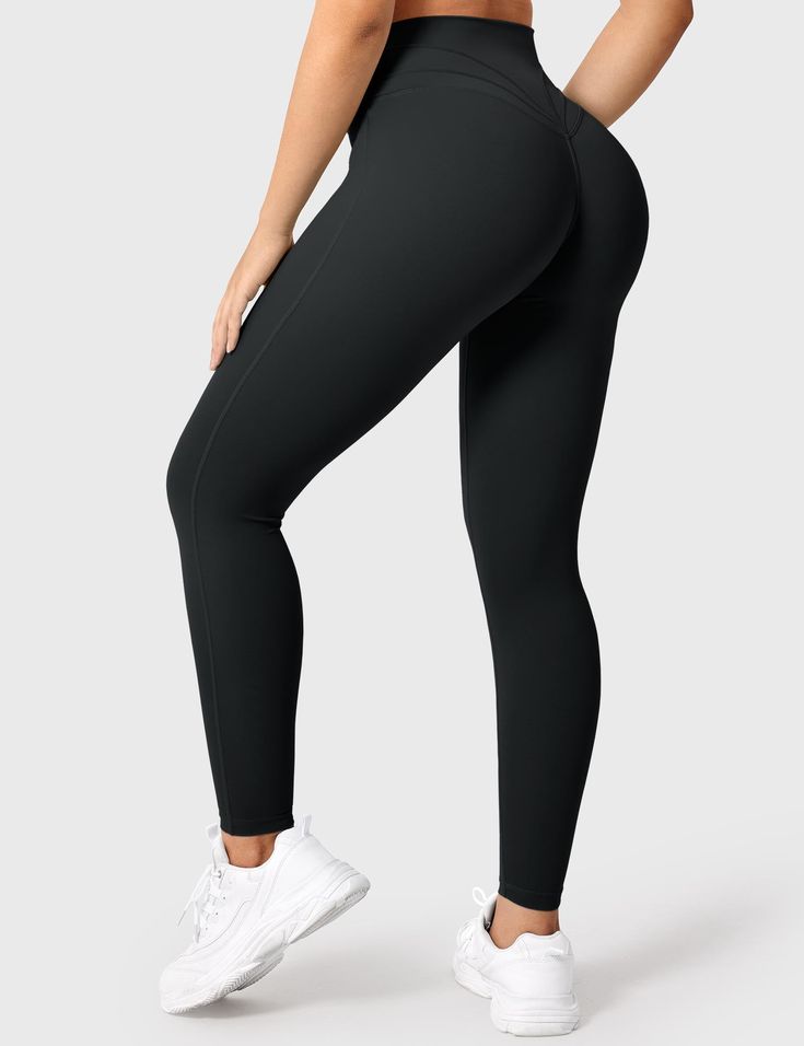 Elevate your workout style with the V-Waistband Workout Leggings, featuring a premium dual-sided fabric and seamless front for all-day comfort. The butterfly seam lifts and shapes your curves, while moisture-wicking technology keeps you dry.   Feature    V cross waistband   Three-seam back  No front seam   Anti-squat, not see-through   Medium compression   Nude Reversible Fabric   26.6-inch inseam    Fabric     75% Nylon + 25% Spandex Sporty 4-way Stretch Leggings With Wide Waistband, Sporty Leggings With 4-way Stretch And Wide Waistband, Athleisure Tights With Contoured Waistband For Workout, Gym Compression Activewear With Contoured Waistband, Compressive Athleisure Leggings With Wide Waistband, Compressive Sportswear Activewear With Contoured Waistband, Compression Activewear With Contoured Waistband For Gym, Compression Activewear With Contoured Waistband, Micro-elastic Training Leggings With Contoured Waistband