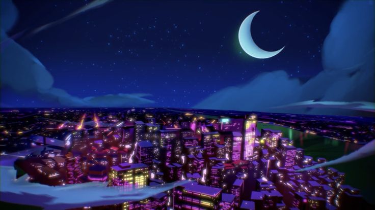 an animated city at night with the moon in the sky