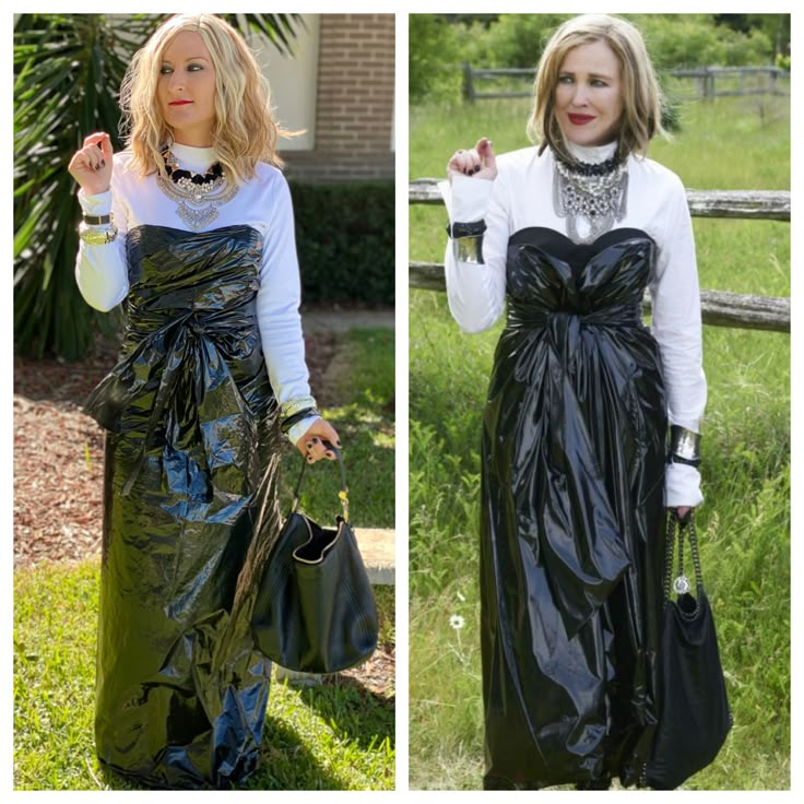 two pictures of women wearing plastic clothing and one has a handbag on her hip