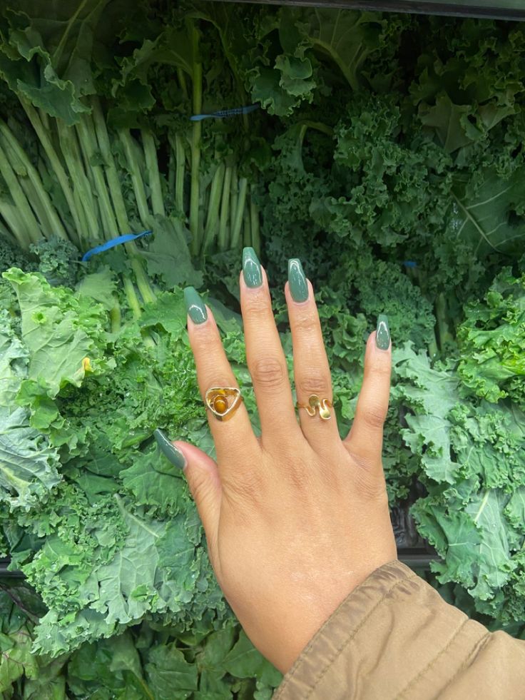 Forest Green Coffin Acrylic Nails, Green Full Set Nails, Different Shades Of Green Nails, Green Nails Coffin, Green Nails Black Women, Green Coffin Nail Ideas, Forest Green Acrylic Nails, Green Coffin Acrylic Nails, Forest Green Nails Acrylic