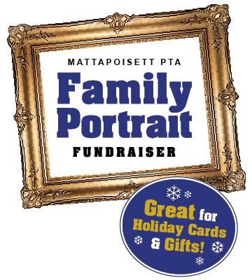 the family portrait fundraiser flyer is shown with an image of a gold frame and snowflakes