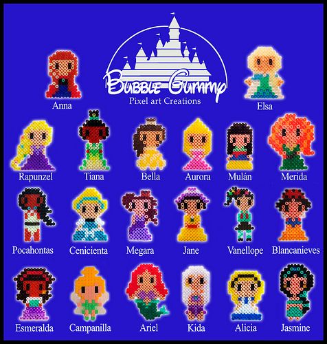 the disney princesses from bubble gump pixel art creations