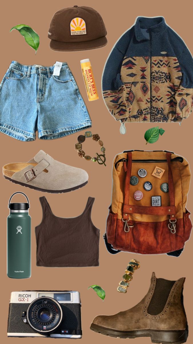 Brown background with Jean shorts, brown flat bill hat, Burt’s bees chapstick, beaded jewelry, backpack with pins, blinds gone boots, hydro flask, vintage camera, Birkenstock clogs, and brown tank top. Gives Granola Girl Aesthetic Crunchy Outfits, Camping Aesthetic Outfits, Granola Girl Aesthetic Outfits, Granola Girl Outfits, Outdoorsy Outfits, Granola Outfits, Granola Style, Outdoorsy Girl, Cute Hiking Outfit