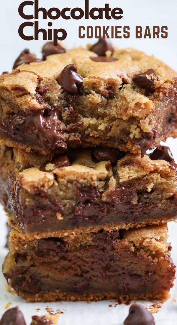 chocolate chip cookies bars stacked on top of each other with the title in the middle