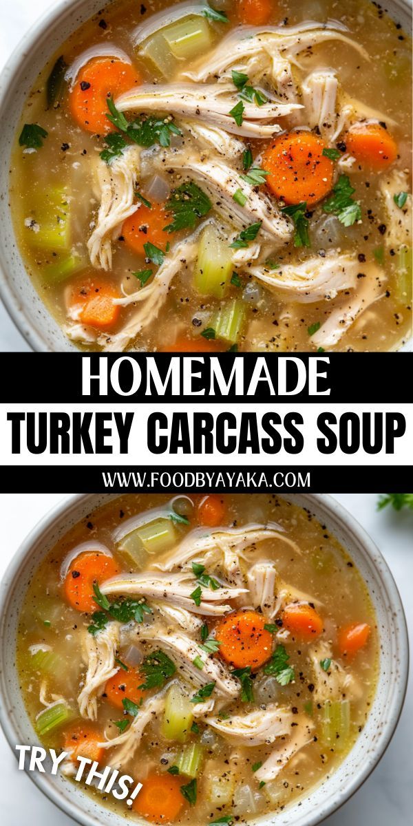 Turkey carcass soup with fresh vegetables, ideal for holiday leftovers and winter dinners. Christmas Soup Recipes, Turkey Carcass Soup, Best Turkey Soup, Turkey Soup From Carcass, Thanksgiving Soups, Christmas Soup, Leftover Turkey Soup, Cozy Soup, Turkey Soup Recipe