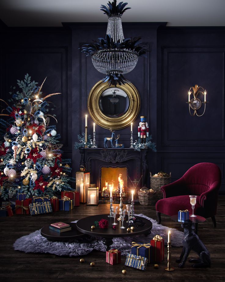 a living room decorated for christmas with candles and presents on the floor next to a fireplace