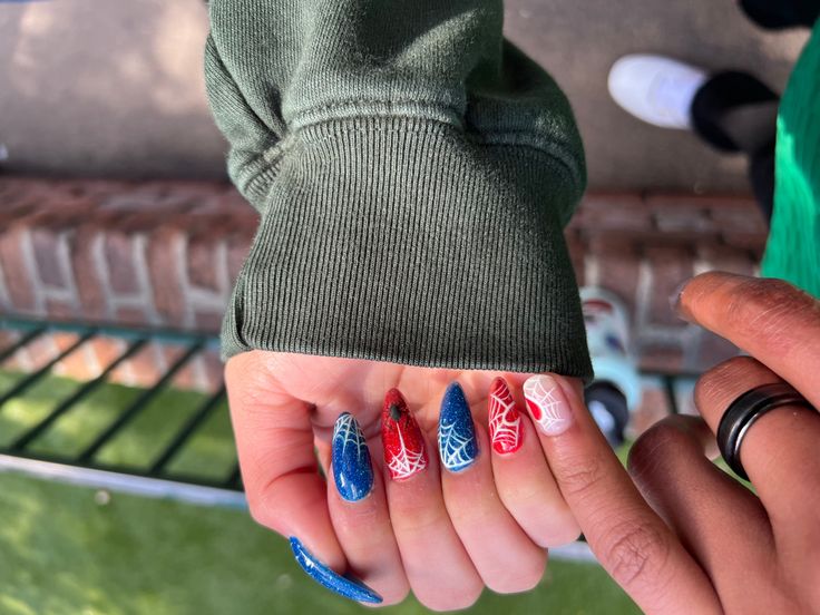 Matching Nails With Boyfriend Spiderman, Spider Man Nails, Spiderman Nails, Matching Nails, Spring Acrylic Nails, Nails Cute, Gf Bf, Blue Nails, Acrylic Nails