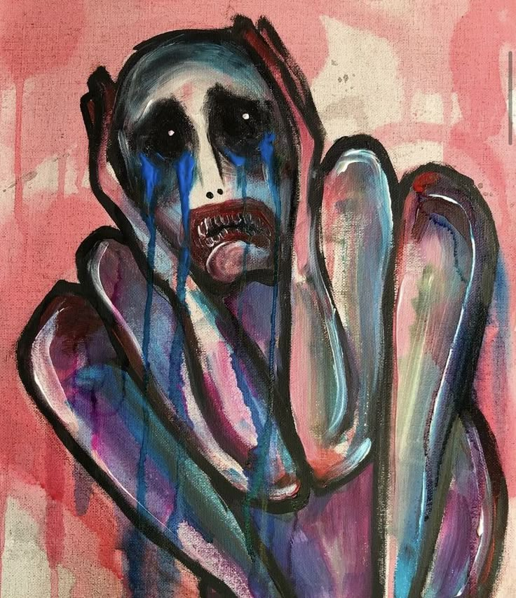 a painting of a hand with blue and pink paint dripping down it's face