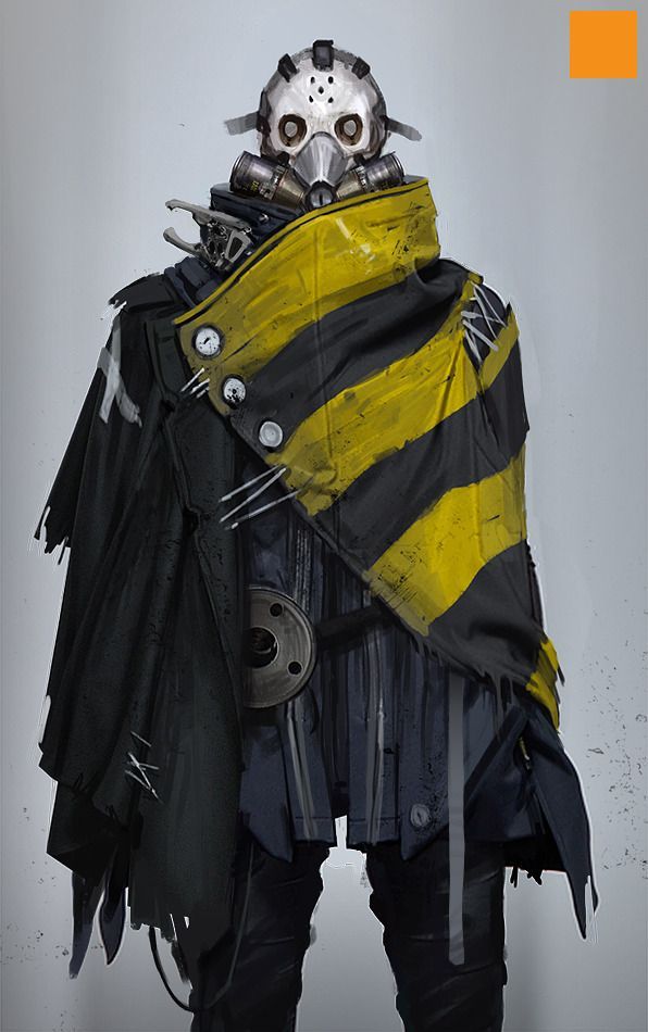 a man dressed up as a bee holding a black and yellow scarf with metal parts on it