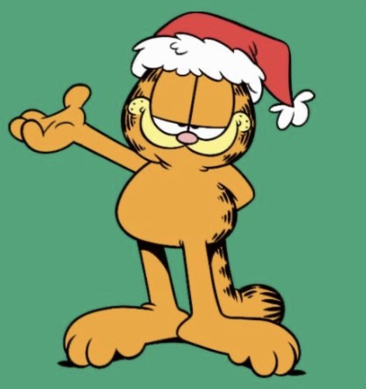 garfield the cat is wearing a santa hat and waving at someone with his hand up