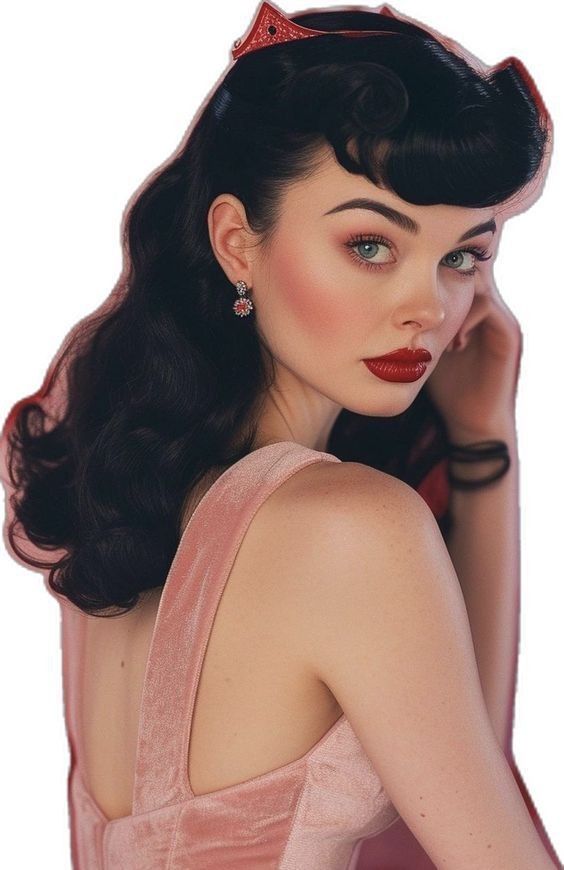 Vintage Pinup Hairstyles, Pin Up Girl Makeup And Hair, Pink Hair Red Dress, Pinup Makeup Looks, 50s Inspired Hair, 50s Pin Up Hair, Pinup Makeup Vintage, Pin Up Aesthetic, Jaclyn Hill Volume 2