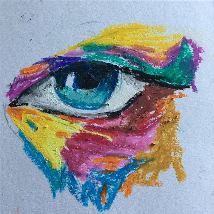 a drawing of an eye with colored crayons on the bottom half of it