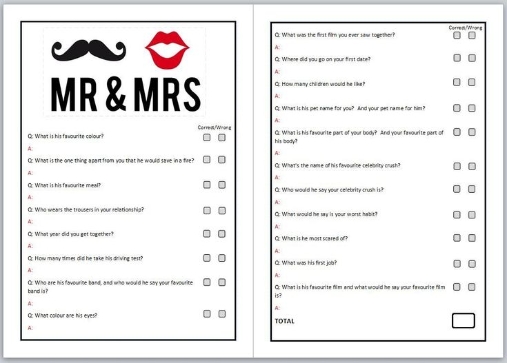 a printable mr and mrs checklist with question marks on the front, and a moustache mustache on the back