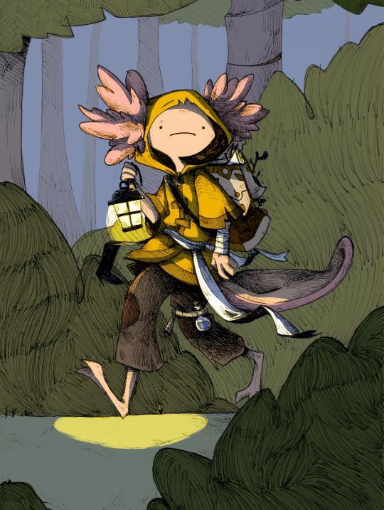 a drawing of a person in a yellow jacket with an animal on his back walking through the woods