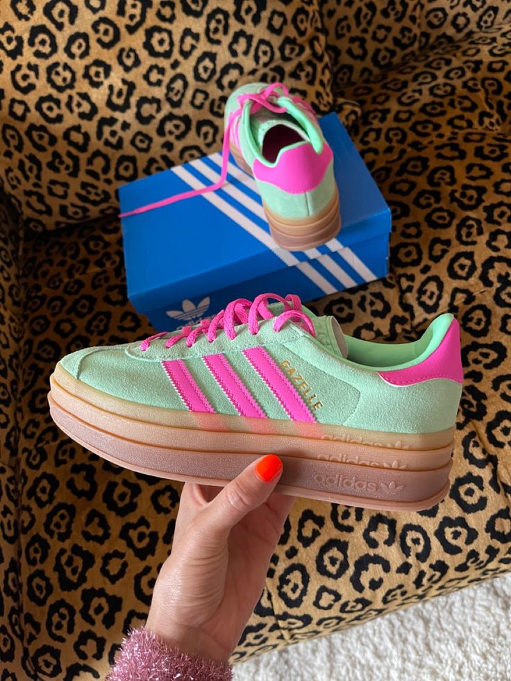 Adidas Gazelle Bold Platform Trainers Green Pink Green And Pink Gazelle, Adidas Platform Gazelle Outfit, Colourful Adidas Shoes, Colorful Adidas Shoes, Platform Gazelle Adidas, Gazelle Adidas Platform, Pink And Green Gazelles, Adidas Gazelle Bold Pink Outfit, Adidas Gazelle Aesthetic