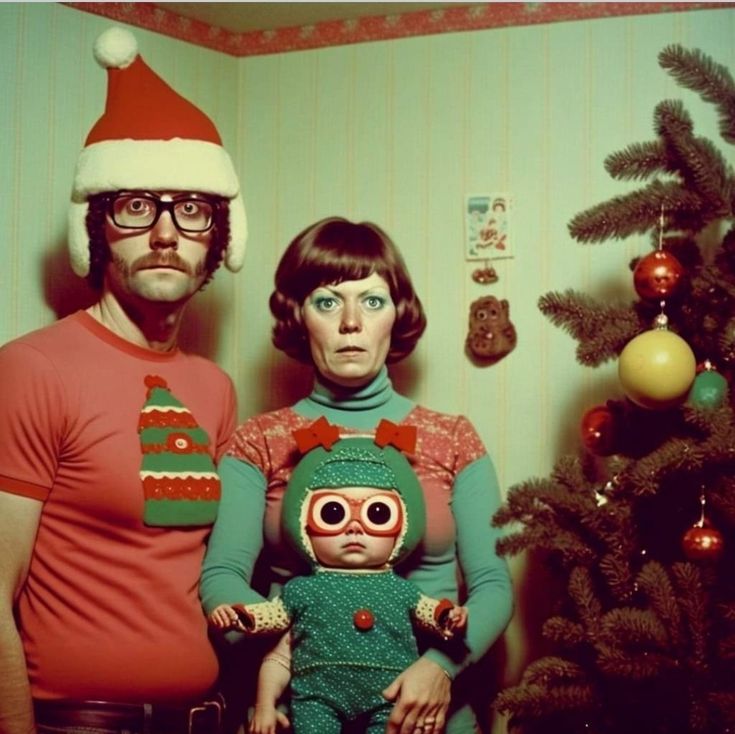 two people standing next to each other in front of a christmas tree with decorations on it