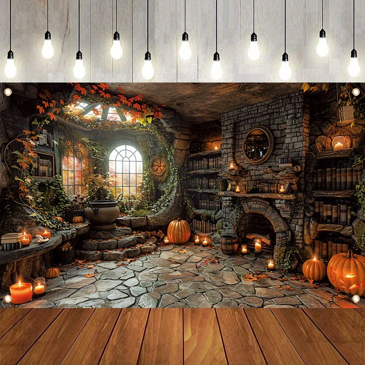 an image of a room with pumpkins on the floor and candles in the fireplace