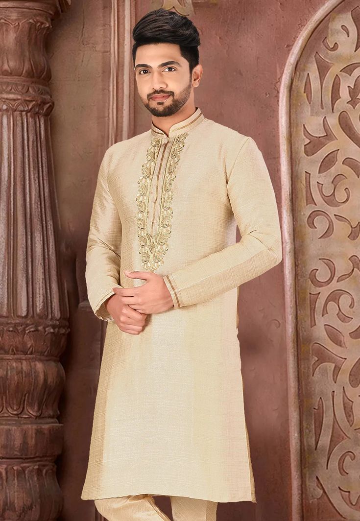 Hand Embroidered Art Silk Kurta in Light Beige : MLC473 Beige Wedding Kurta With Floral Embroidery, Beige Floral Embroidered Kurta For Wedding, Beige Floral Embroidery Kurta For Wedding, Wedding Beige Kurta With Floral Embroidery, Festive Gold Kurta With Floral Embroidery, Beige Floral Embroidery Wedding Kurta, Gold Kurta With Floral Embroidery In Traditional Drape, Gold Kurta With Floral Embroidery For Eid, Beige Embroidered Traditional Wear For Ceremonial Occasions