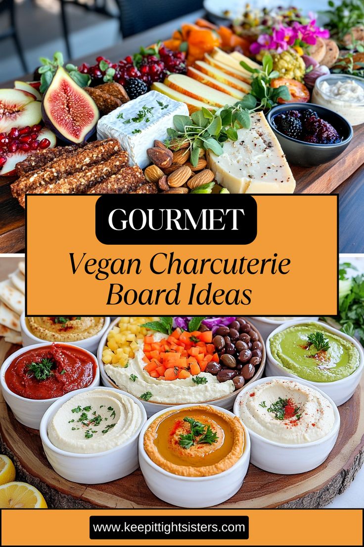 vegan charcuterie board with different types of dips and sauces on it