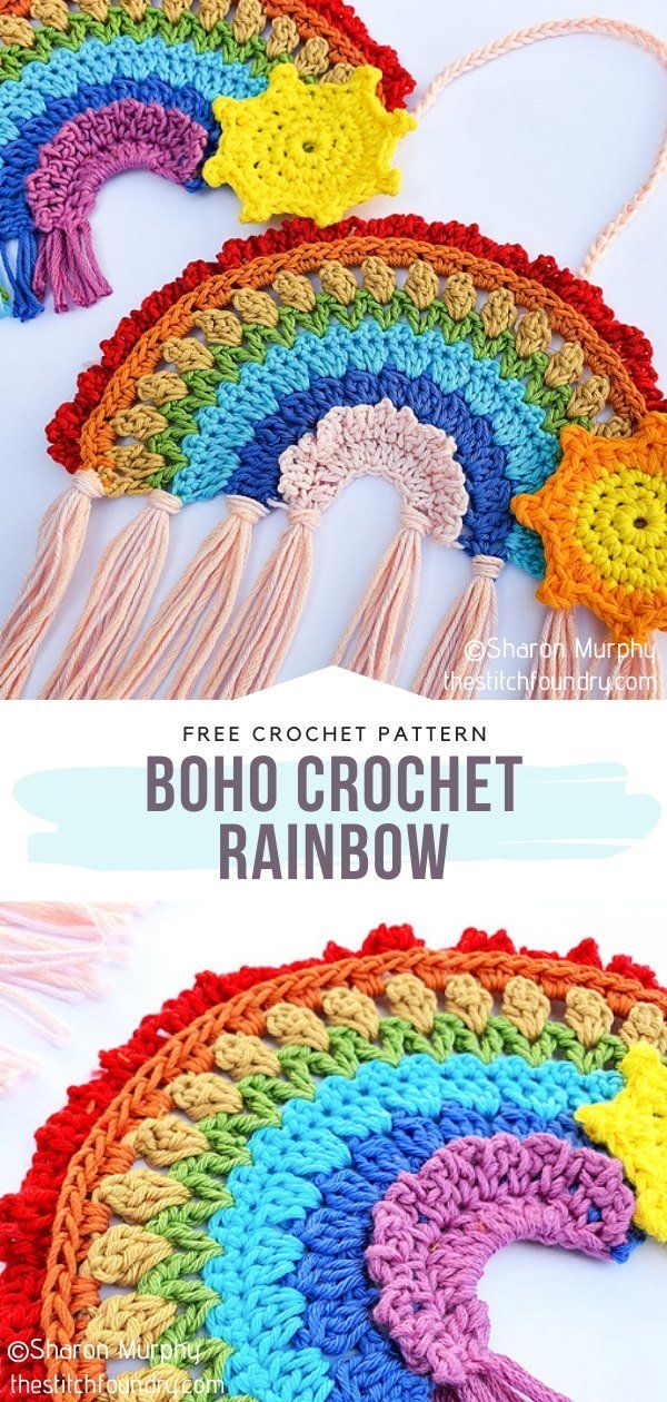 crochet rainbow pattern with text overlay that says free crochet pattern boho crochet rainbow