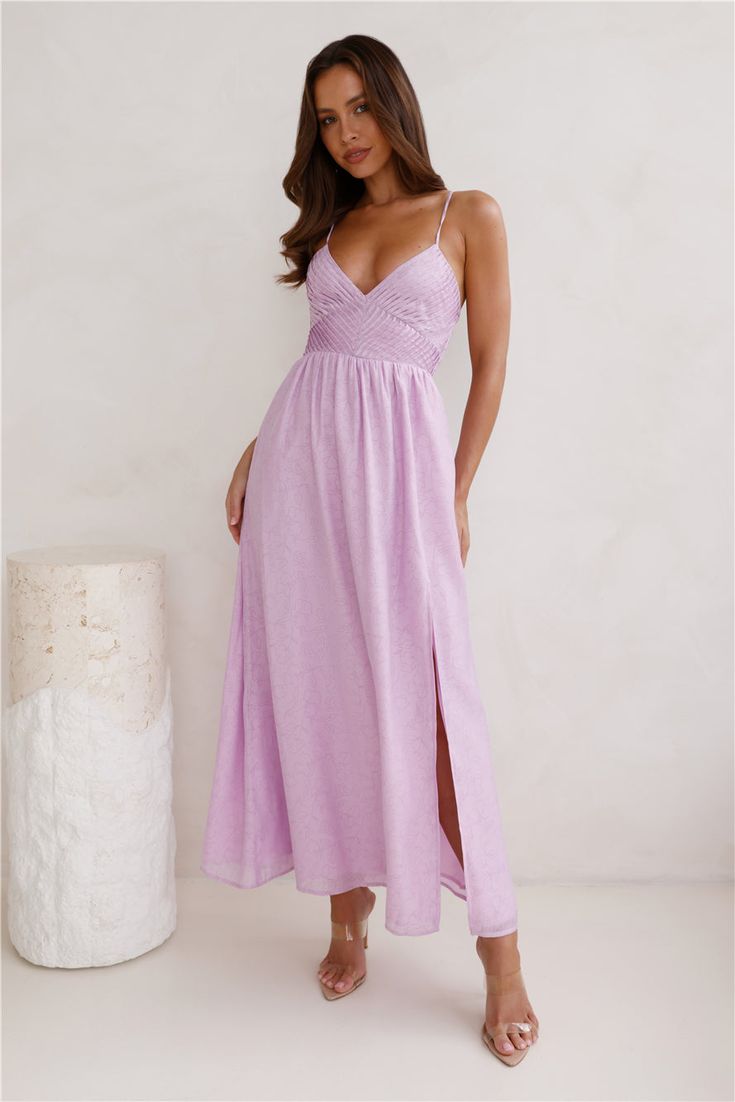 Length from shoulder to hem of size S: 135cm. Chest 35cm, Waist 28cm, across front only of size S. Maxi dress. Lined. Model is a standard XS and is wearing XS. True to size. Non-stretch. Pleated top. Elastic back. Flowy skirt. Slip-on. Cold hand wash only. Polyester/Rayon. We're in love with this dreamy design. The Excited Feelings Maxi Dress features a flowy skirt and a gorgeous open back with elastic details. Style with sandals for a day 'fit. Dreamy Design, Dress Lilac, Prom Shopping, Bridal Shower Dress, Pleated Top, Long Bodycon Dress, Shower Dresses, Lilac Dress, Dresses Backless