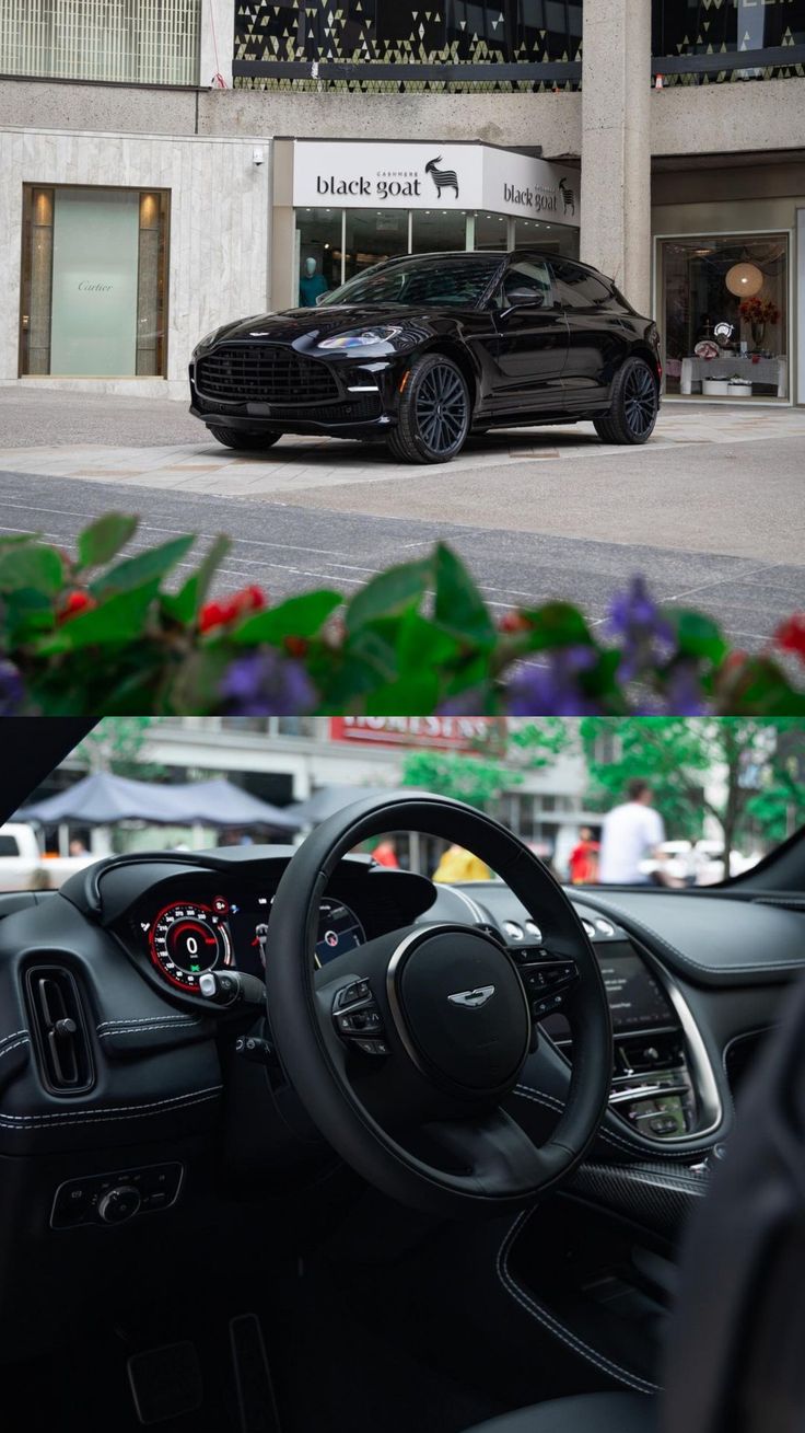 the inside and outside view of a car parked in front of a building with flowers