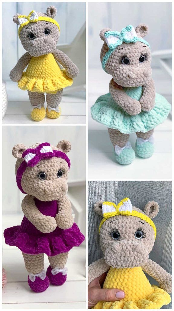 crocheted stuffed animals are shown in four different poses, including one wearing a dress and the other holding a teddy bear