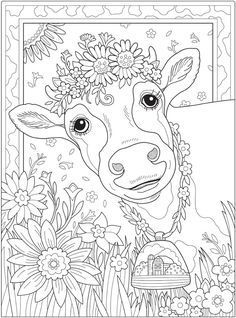 a cow with flowers on it's head is shown in the middle of a coloring page